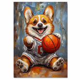 Corgi Dog Canvas Wall Art for Basketball Lovers Painting for Pet Dad's Wall Décor for Basket Ball Court on Ready to Hang 1.5" Thick Canvas Wrap, Floating Framed Canvas, Flat Rolled Canvas